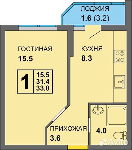 1-к квартира, 33 м², 7/9 эт.