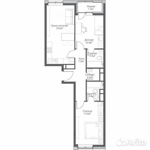2-к квартира, 65.1 м², 3/16 эт. 2-к квартира, 65.1 м², 3/16 эт.