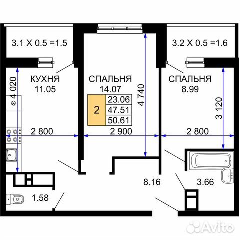2-к квартира, 50.6 м², 9/24 эт.