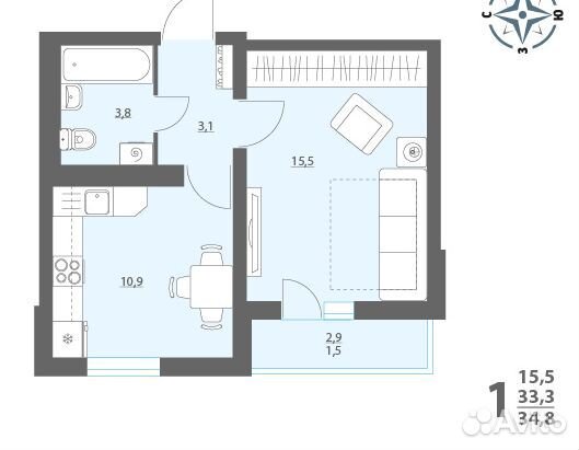 1-к квартира, 34.8 м², 1/17 эт.