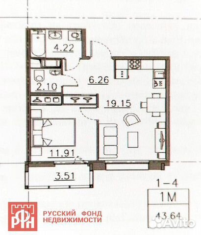 1-к квартира, 44 м², 12/22 эт. 1-к квартира, 44 м², 12/22 эт.