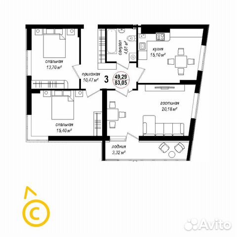 3-к квартира, 83.4 м², 1/10 эт.