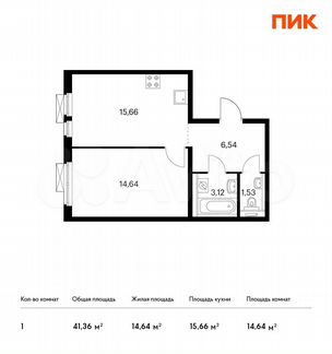 1-к квартира, 41.4 м², 2/14 эт.