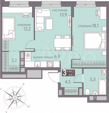3-к. квартира, 64,1 м², 7/16 эт.