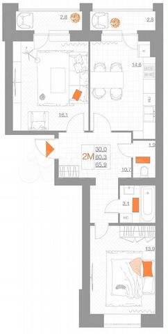 2-к. квартира, 65,9 м², 3/5 эт.