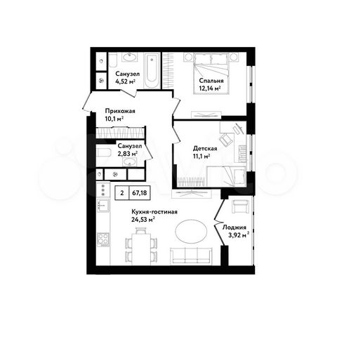 2-к. квартира, 67,2 м², 23/25 эт.