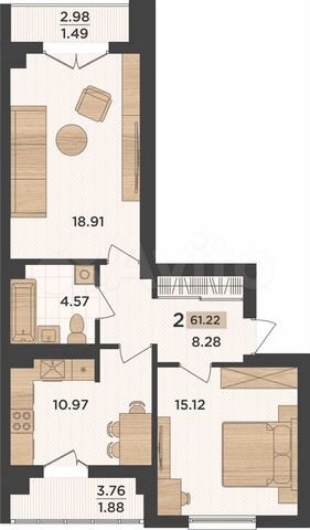 2-к. квартира, 61,2 м², 2/6 эт.