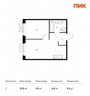 1-к квартира, 33.8 м², 3/17 эт.
