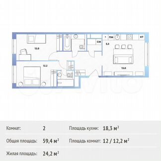 2-к квартира, 59.4 м², 13/13 эт.