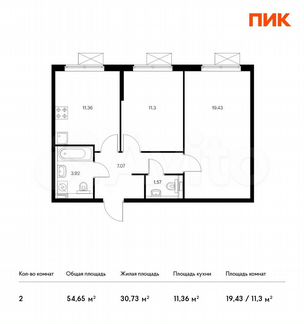 2-к квартира, 54.7 м², 11/16 эт.
