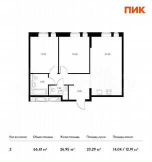 2-к квартира, 66.4 м², 22/22 эт.