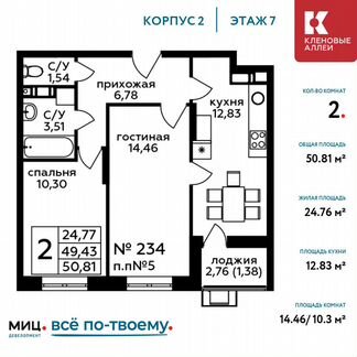 2-к квартира, 50.8 м², 7/17 эт.
