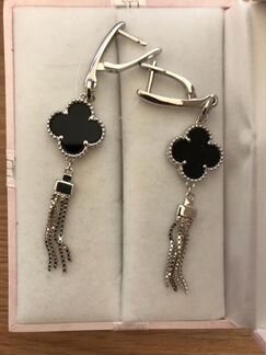 Серебряные Серьги с ониксом Van Cleef Новые