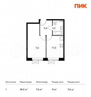 1-к апартаменты, 36.3 м², 8/15 эт.